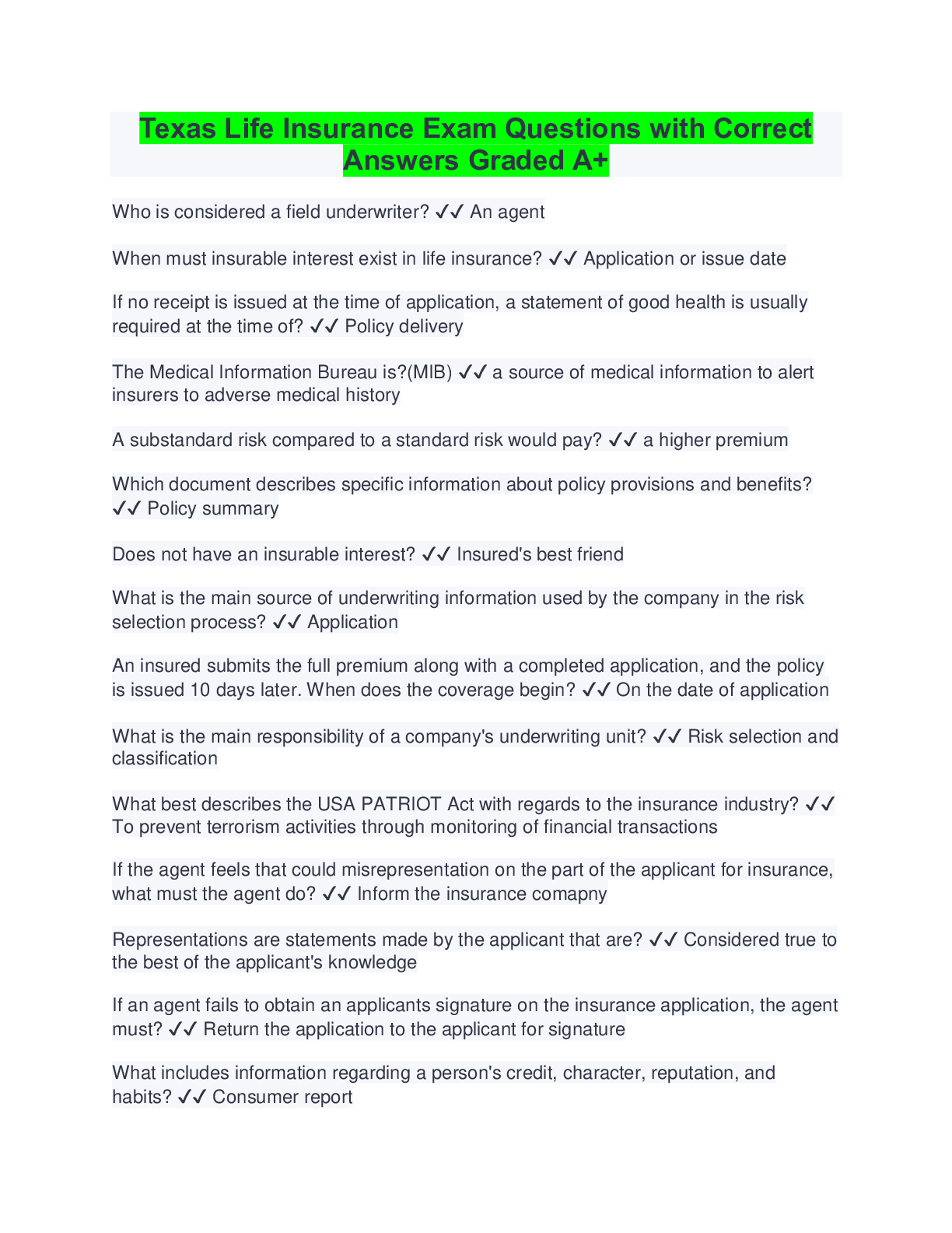 Preview image for Texas Life Insurance Exam Questions with Correct Answers Graded A+